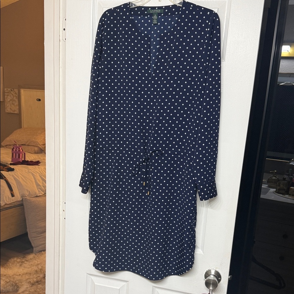 Ralph Lauren Navy and White Polka Dot Long Sleeve Dress
